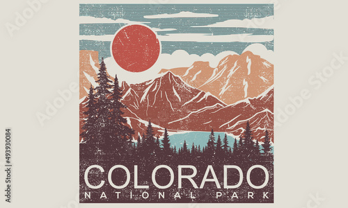 Colorado adventure vintage print design for t shirt and others. National park graphic artwork for sticker, poster, background. 