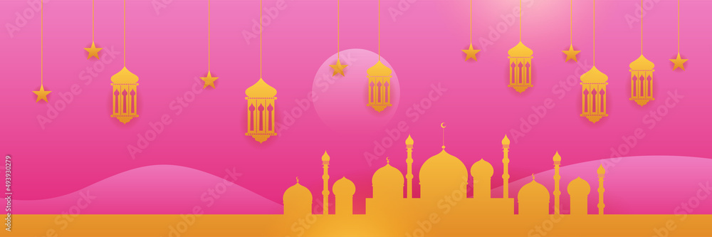 Ramadan style decoration pink and yellow colorful banner design background