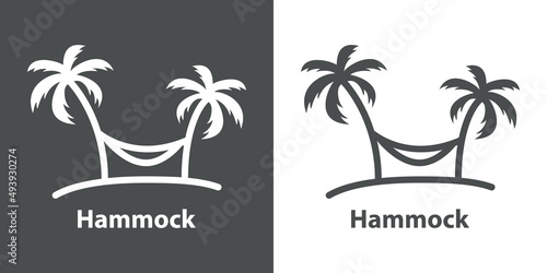 Beach holidays. Destino de vacaciones. Logotipo con texto Hammock con silueta de isla con 2 palmeras con hamaca con líneas en fondo gris y fondo blanco