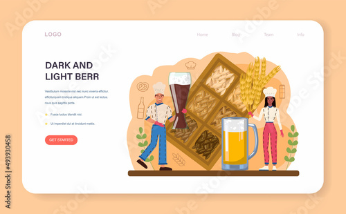 Beer web banner or landing page. Glass bottle and vintage mug with dark or light
