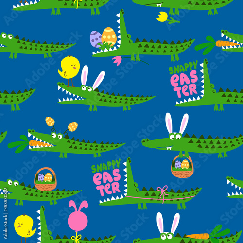 Happy Easter Crocodile pattern design with several alligators - funny hand drawn doodle  seamless pattern. Adorable characters. Hand drawn doodle set for kids. Good for textile  nursery  wallpaper.