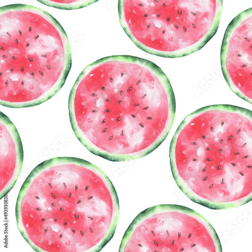 Seamless pattern of watercolor watermelon isolated on a white background.