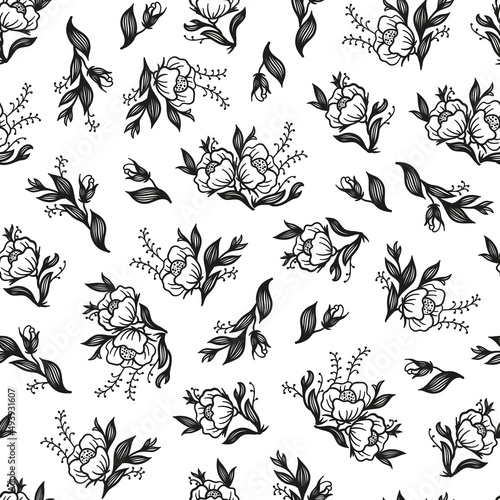 Anemone Flowers. Vector Ditsy Floral print. Outline Flower Bouquets Seamless Pattern. Black and White Colors