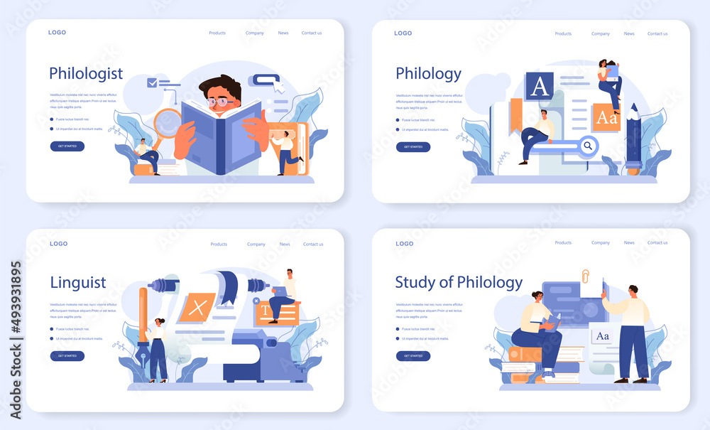 Philologist web banner or landing page set. Scientific study of language Philologist web banner or landing page set. Scientific study of language