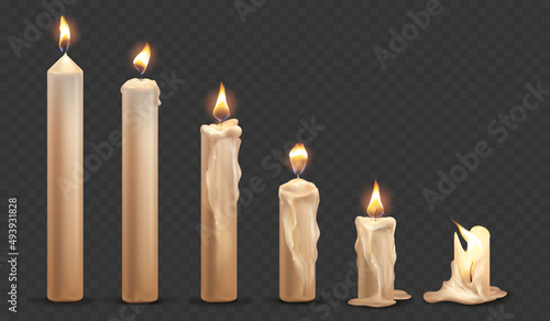 Lit candle animation. Realistic burning candles, spiritual church flame, wax wick for christmas holiday birthday or spa meditation, religion paraffin, 3d tidy vector illustration