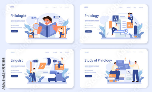 Philologist web banner or landing page set. Scientific study of language