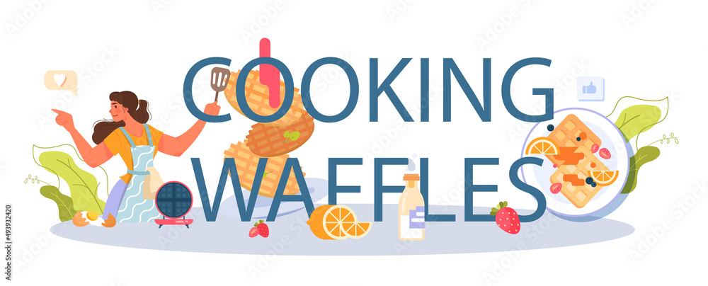Cooking waffles typographic header. Sweet Belgian pastries with cream Cooking waffles typographic header. Sweet Belgian pastries with cream