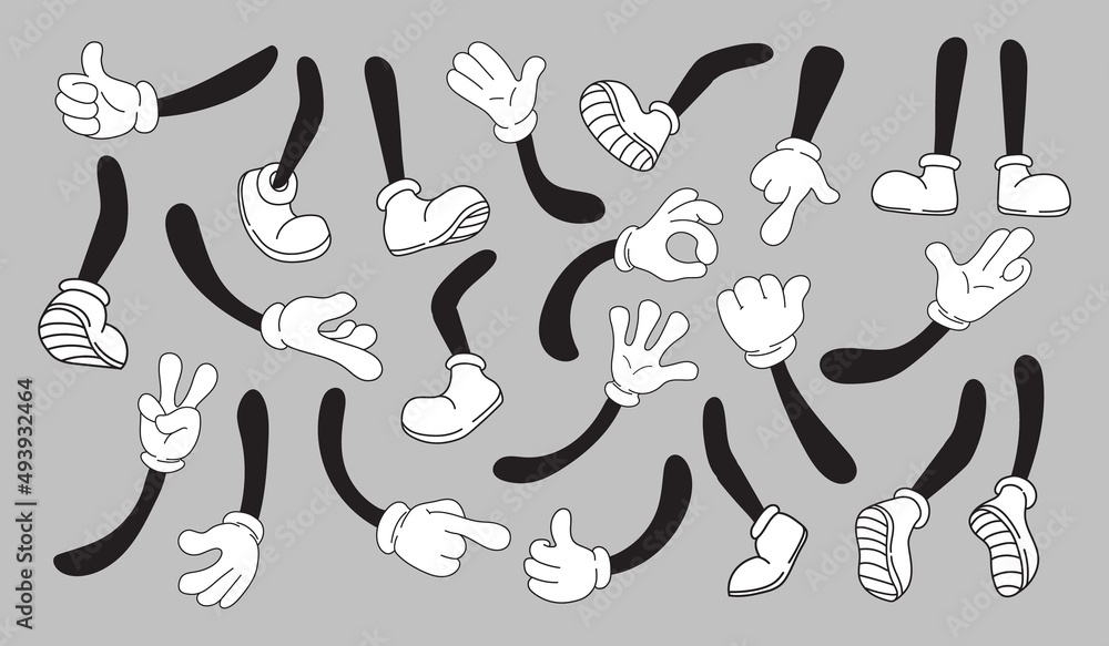 Vecteur Stock Mascot pairings in gloves. Pair cartoon hands and legs comic  vintage character, arm white glove feet shoe sneaker, doodle object ok  gesture hand, isolated neat vector illustration | Adobe Stock