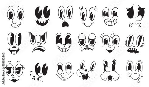 Facial mascot 30s. Looking toon faces quirky characters  creator cartoon laughing persona without limbs  retro vintage comic animation face eye caricature neat vector illustration