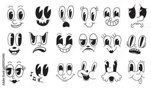 Facial mascot 30s. Looking toon faces quirky characters, creator cartoon laughing persona without limbs, retro vintage comic animation face eye caricature neat vector illustration