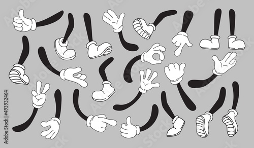 Mascot pairings in gloves. Pair cartoon hands and legs comic vintage character  arm white glove feet shoe sneaker  doodle object ok gesture hand  isolated neat vector illustration