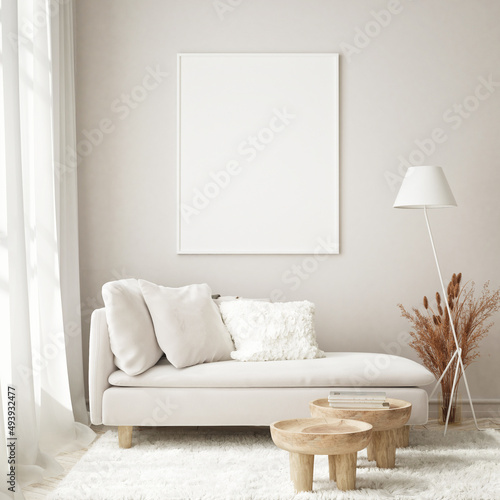 Carta da parati 3D per Soggiorno - Carta da parati mock up poster frame in modern interior background, living room, Scandinavian style, 3D render, 3D illustration