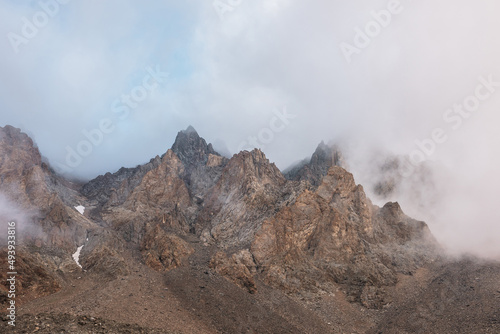 Scenic alpine landscape with rocky mountains in dense low clouds in morning sunlight. Colorful mountain scenery with sharp rocks among thick low clouds. Awesome view to high rockies in low cloudiness.
