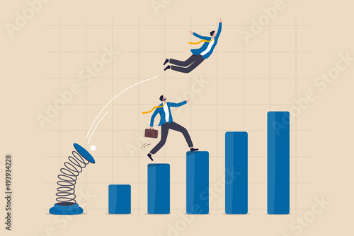 Canvas Print Competitive advantage or innovation to outsmart and overtake business winning, strategy or smart way to win business or career growth concept, businessman jumping springboard to outsmart competitor