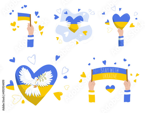 Hand drawn ukrainian flag Stay with Ukraine in color isolated on white background  elements for poster  banner  card  t-shirt. Pray for Ukraine. Social assistance and support. Vector illustration