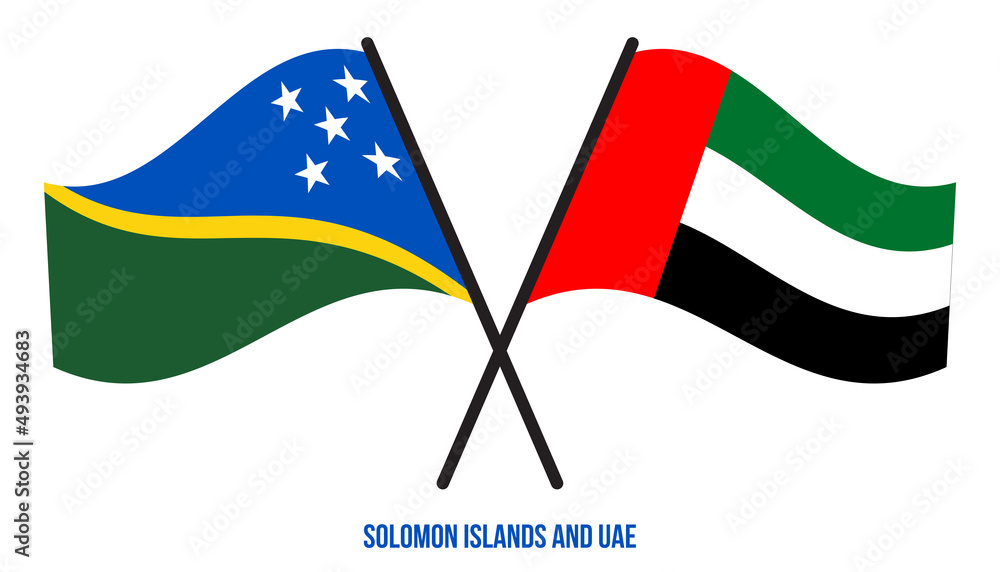 Solomon Islands and UAE Flags Crossed And Waving Flat Style. Official Proportion. Correct Colors. Solomon Islands and UAE Flags Crossed And Waving Flat Style. Official Proportion. Correct Colors.