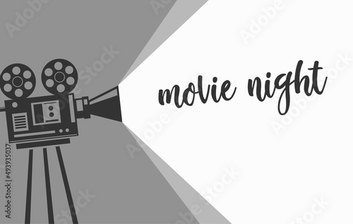 Movie night banner with vintage camera. Monochrome design. 