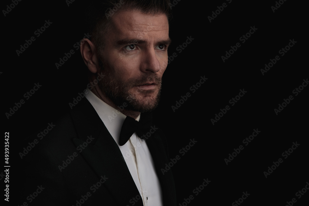 portrait of attractive groom in tuxedo in a side view position looking to side portrait of attractive groom in tuxedo in a side view position looking to side