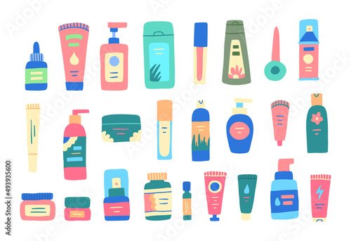 Cartoon Color Beauty Cosmetic Product Icon Set Include of Cream, Shampoo and Lotion. Vector illustration of Icons