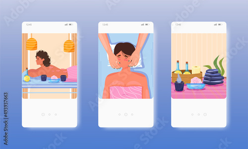 Body care. Woman enjoying spa salon procedures. Mobile app screens, vector website banner template. UI, web site design.