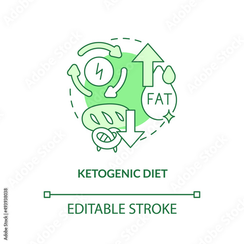 Ketogenic diet green concept icon. High fats and low carbs. Trendy diets abstract idea thin line illustration. Isolated outline drawing. Editable stroke. Arial, Myriad Pro-Bold fonts used