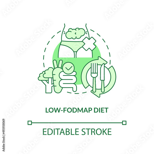 Low FODMAP diet green concept icon. Carbohydrates restricted. Trendy diets abstract idea thin line illustration. Isolated outline drawing. Editable stroke. Arial, Myriad Pro-Bold fonts used