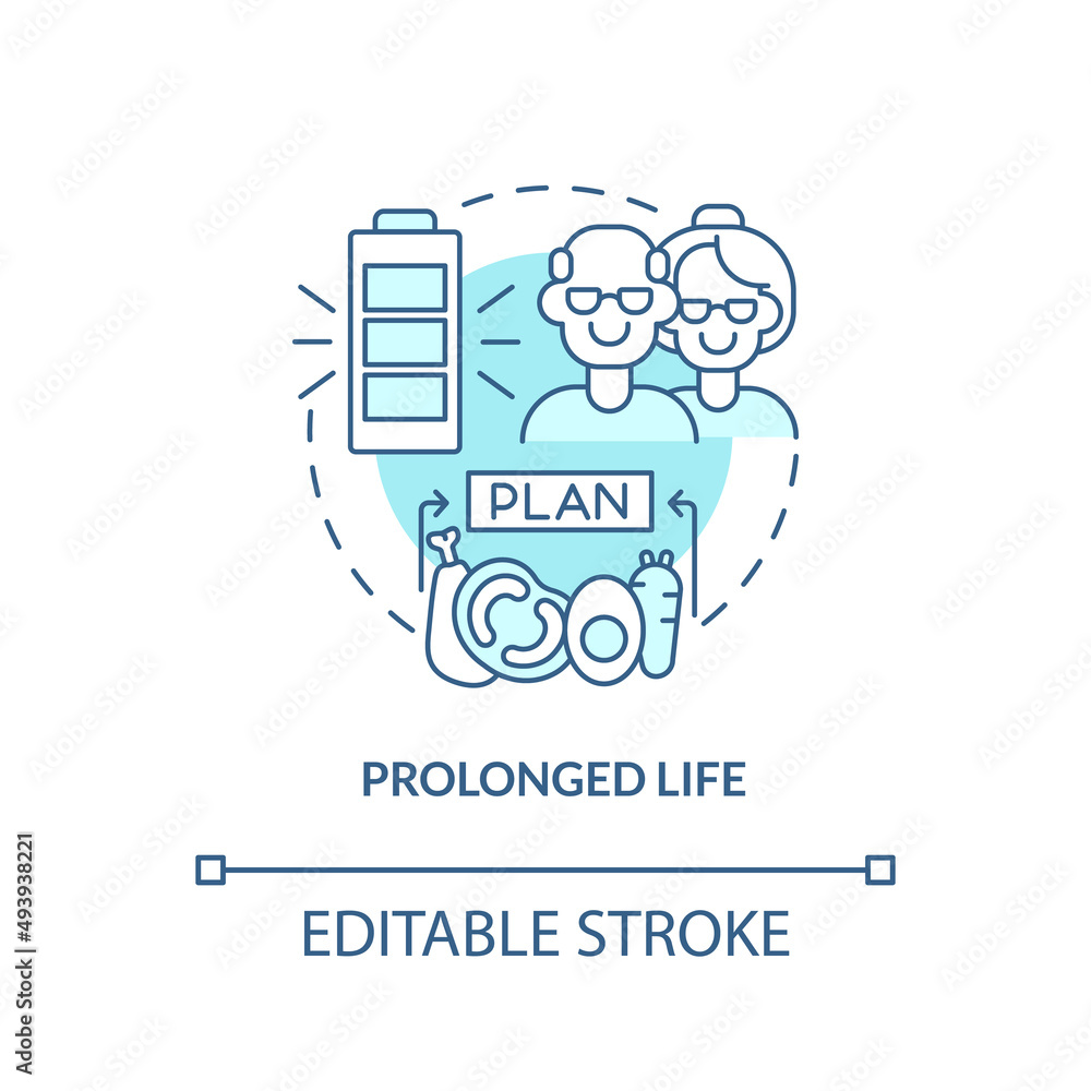 Prolonged life turquoise concept icon. Extend lifespan. Healthy diet advantages abstract idea thin line illustration. Isolated outline drawing. Editable stroke. Arial, Myriad Pro-Bold fonts used