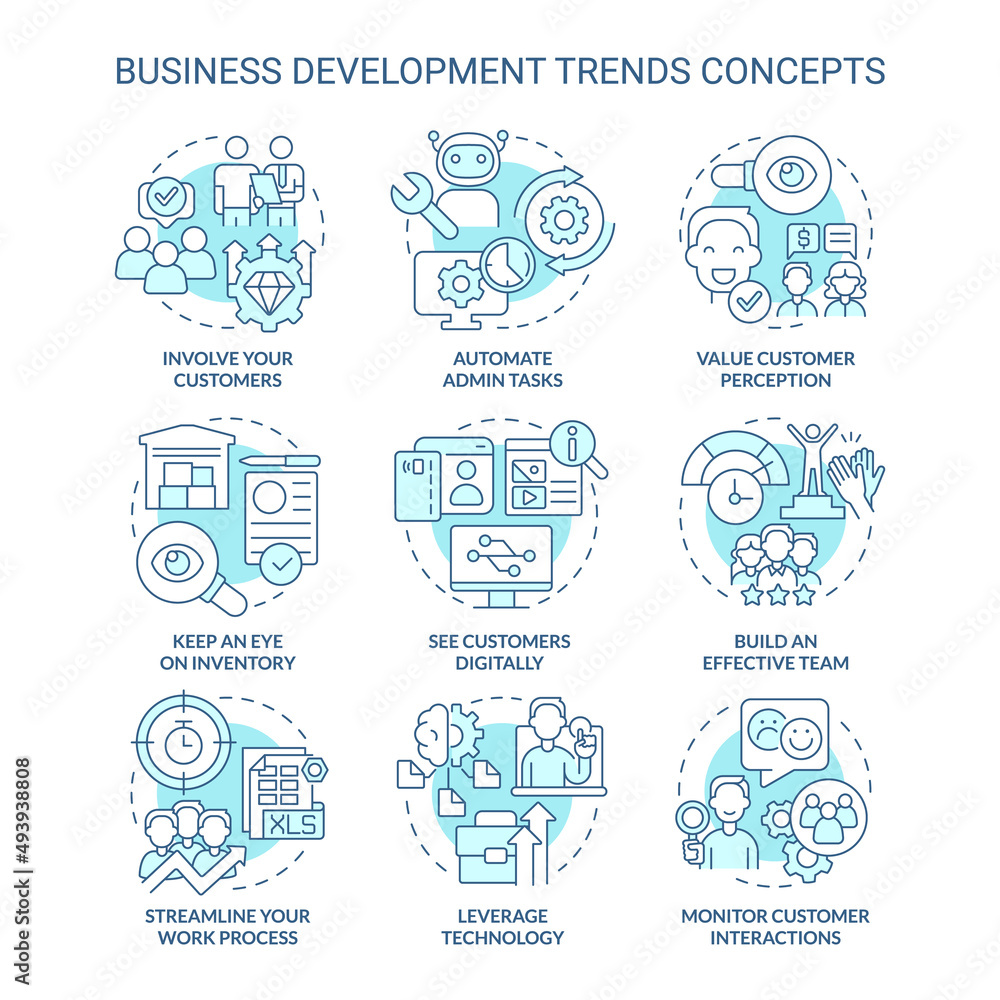 Business development trends turquoise concept icons set. Innovations and perspectives idea thin line color illustrations. Isolated symbols. Editable stroke. Roboto-Medium, Myriad Pro-Bold fonts used