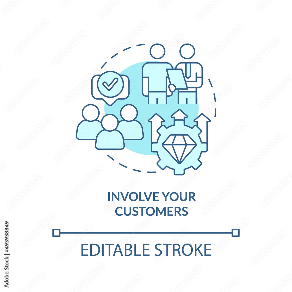 Involve your customers turquoise concept icon. Ways to client-centric business abstract idea thin line illustration. Isolated outline drawing. Editable stroke. Arial, Myriad Pro-Bold fonts used Involve your customers turquoise concept icon. Ways to client-centric business abstract idea thin line illustration. Isolated outline drawing. Editable stroke. Arial, Myriad Pro-Bold fonts used