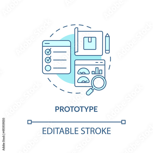 Prototype turquoise concept icon. New product version. Design thinking process abstract idea thin line illustration. Isolated outline drawing. Editable stroke. Arial, Myriad Pro-Bold fonts used