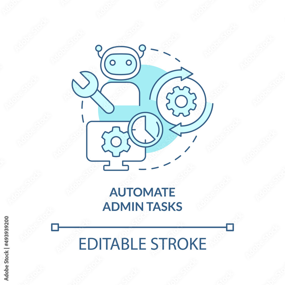 Automate admin tasks turquoise concept icon. Way to increase business efficiency abstract idea thin line illustration. Isolated outline drawing. Editable stroke. Arial, Myriad Pro-Bold fonts used