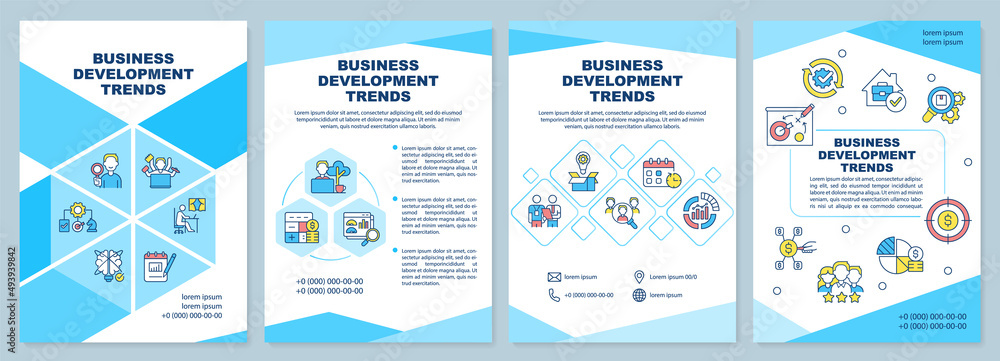 Business development trends blue brochure template. Corporate work. Leaflet design with linear icons. 4 vector layouts for presentation, annual reports. Arial-Black, Myriad Pro-Regular fonts used