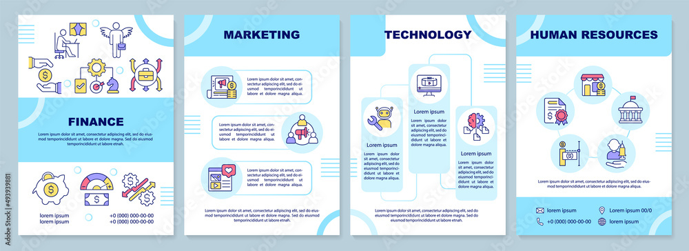 Naklejka premium Business trends blue brochure template. Growth of efficiency. Leaflet design with linear icons. 4 vector layouts for presentation, annual reports. Arial-Black, Myriad Pro-Regular fonts used