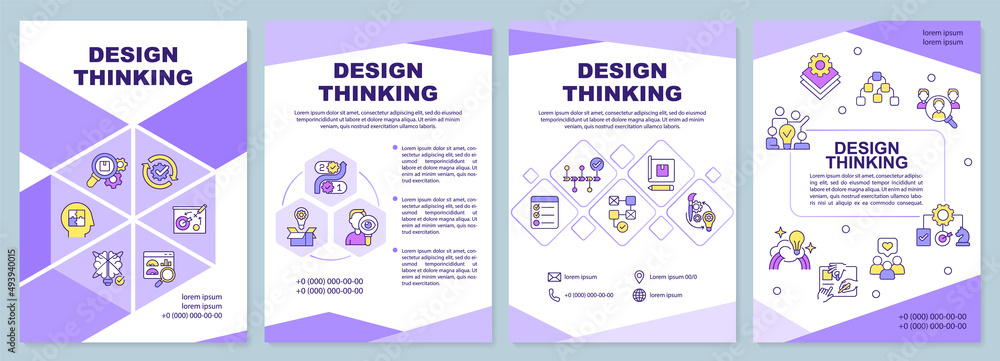 Design thinking purple brochure template. Development of product. Leaflet design with linear icons. 4 vector layouts for presentation, annual reports. Arial-Black, Myriad Pro-Regular fonts used