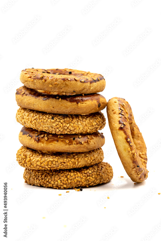 Traditional Turkish Sesame Rings Kandil Simidi isolated on a white background