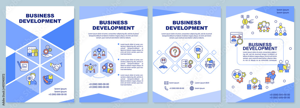 Business development blue brochure template. Corporate trends. Leaflet design with linear icons. 4 vector layouts for presentation, annual reports. Arial-Black, Myriad Pro-Regular fonts used