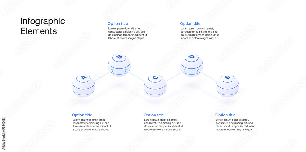 Business process chart infographics with 5 step spheres. Spherical corporate workflow graphic elements. Company flowchart presentation slide. Vector info graphic in isometric design. Business process chart infographics with 5 step spheres. Spherical corporate workflow graphic elements. Company flowchart presentation slide. Vector info graphic in isometric design.