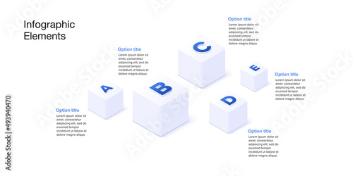 Business process chart infographics with 5 step cubes. Cubic corporate workflow graphic elements. Company flowchart presentation slide. Vector info graphic in isometric design.