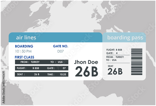 Plane travel ticket illustration. Airplane boarding pass design. Airplane boarding pass design.