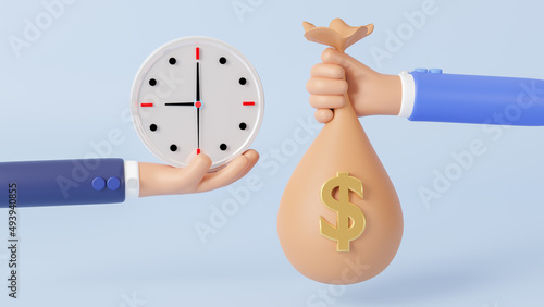 Foto Time is money concept, 3d hands holding money bag exchanging with time, business