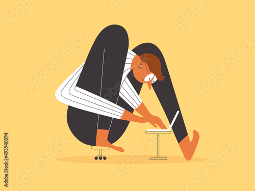 Man working chatting online sitting in strange position. Programmer developer coding using laptop. Male character with huge legs works at home office. Freelancer browsing internet vector illustration