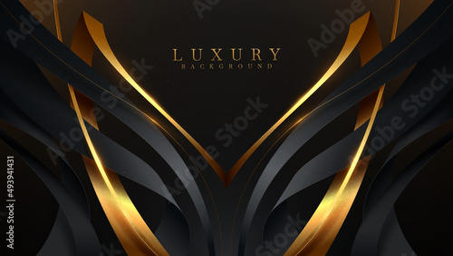 Gold curve line on black luxury background with glitter light effect decoration.