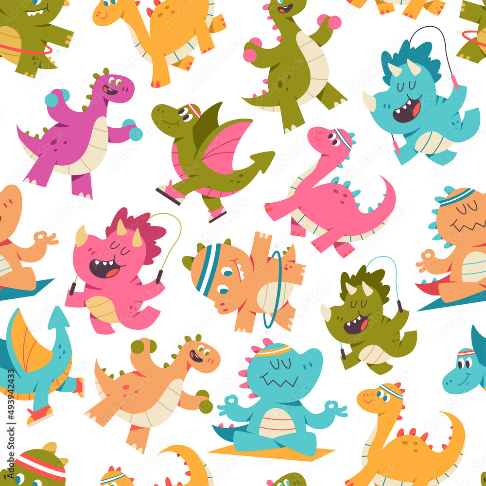 Cute dinosaurs seamless pattern vector cartoon background.