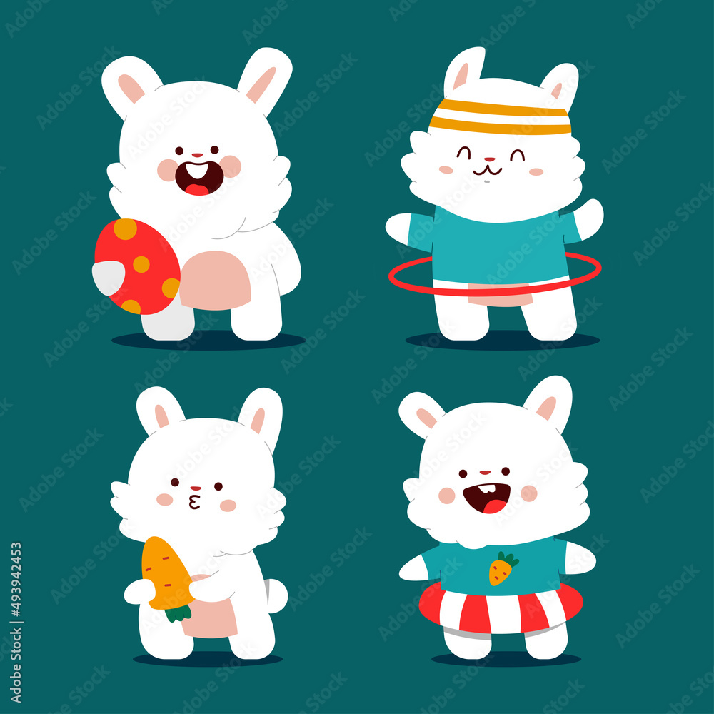 Fototapeta premium Cute rabbit with kawaii emotions vector cartoon characters set isolated on background.