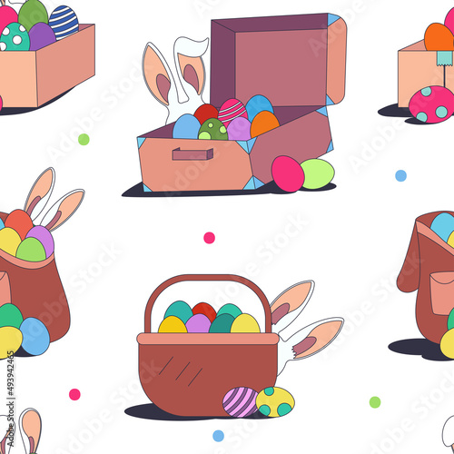 Easter eggs and bunny ears vector cartoon seamless pattern background for wallpaper, wrapping, packing, and backdrop.