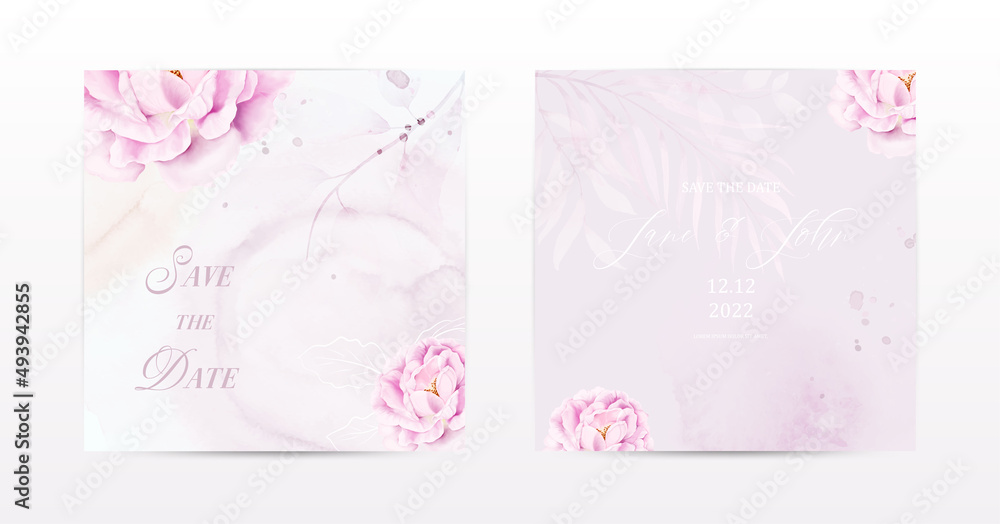 Set of square cards designed with pink rose flowers watercolor