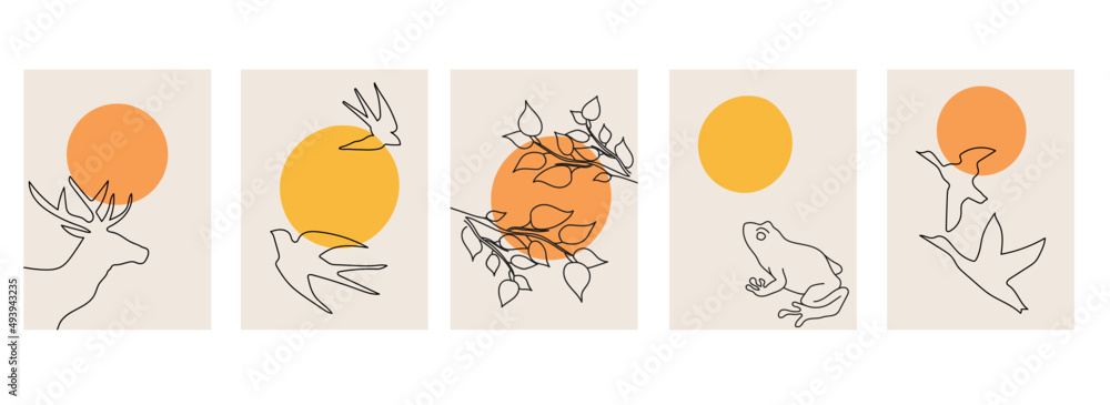 Collection of modern simple landscape abstractions (sketch): birds (swallows, ducks), deer, frog and tree branches with sun on a beige background
