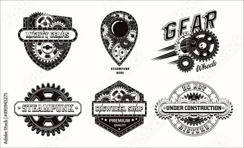 Set of monochrome vintage label with gear wheels, metal rails, rivets, text. Black emblems in steampunk style on white background. Good for craft design.