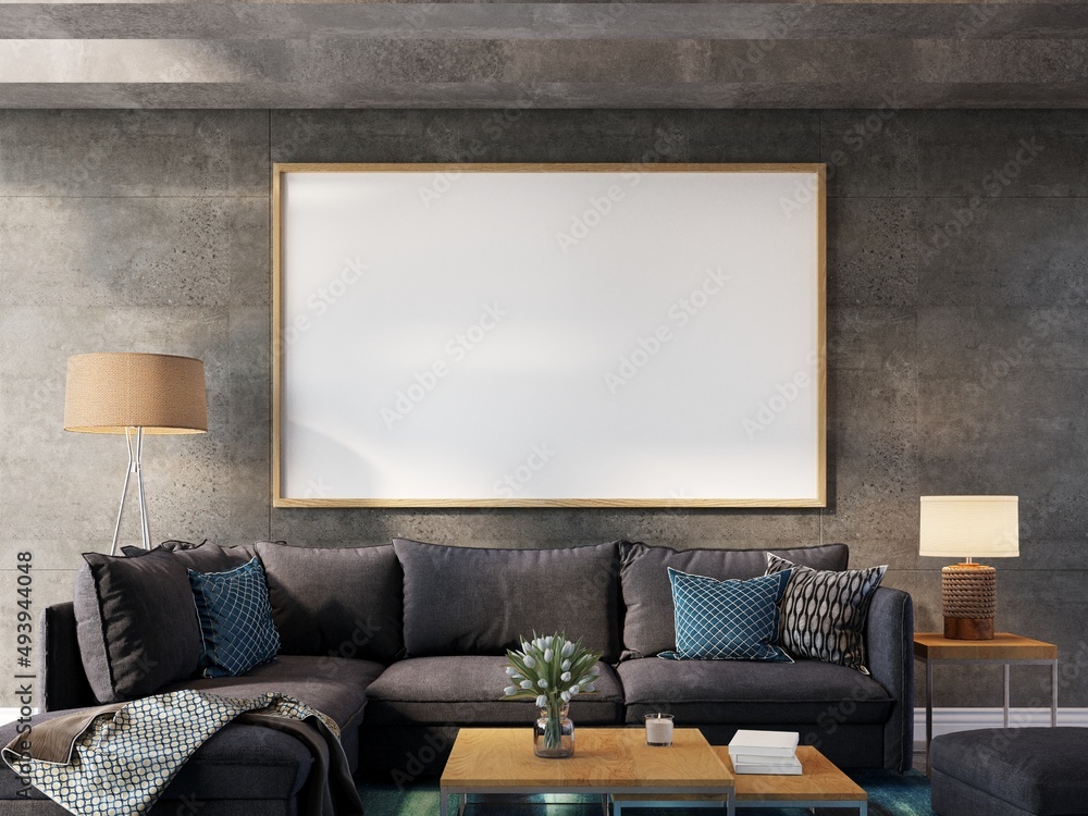 mock up poster frame in modern interior wood floor concrete wall background, Scandinavian style, Loft style, 3D render, 3D illustration mock up poster frame in modern interior wood floor concrete wall background, Scandinavian style, Loft style, 3D render, 3D illustration