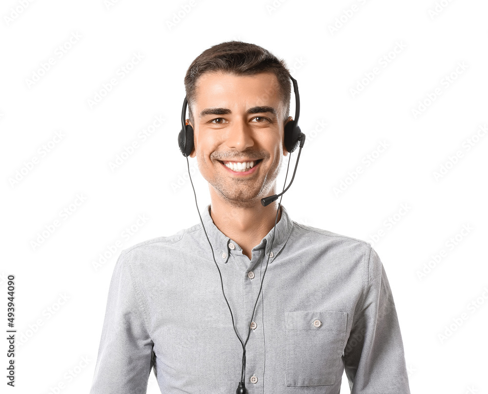 Male consultant of call center in headset on white background Male consultant of call center in headset on white background
